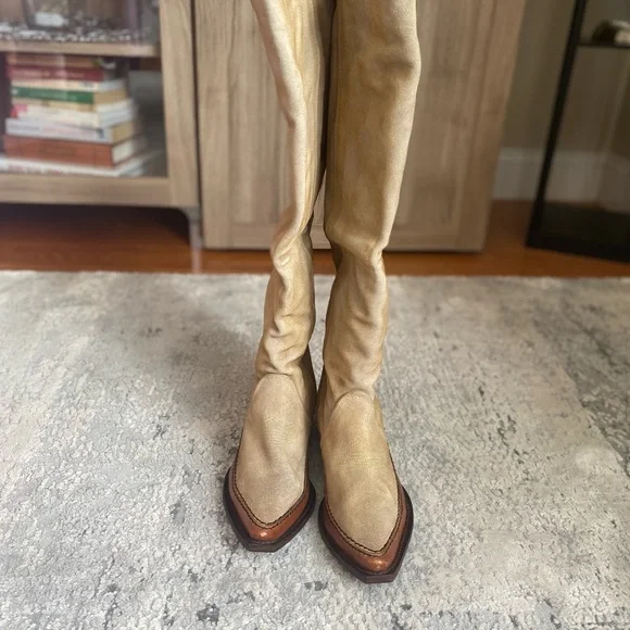 New Free People Sterling Western Tall Boots Tan Suede Leather Size 37.5 - Picture 5 of 13